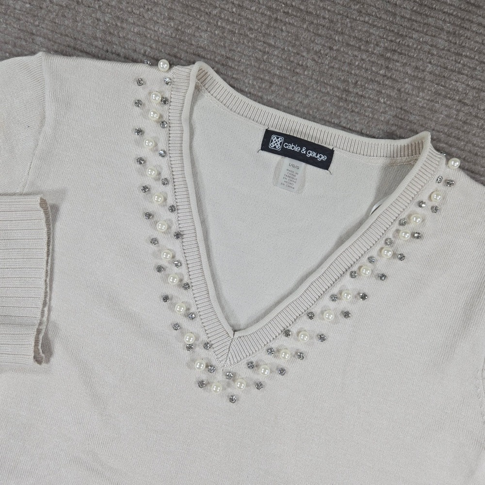 Cable & Gauge Womens Large Cream Pearl Rhinestone V-Neck Knit Pullover Sweater